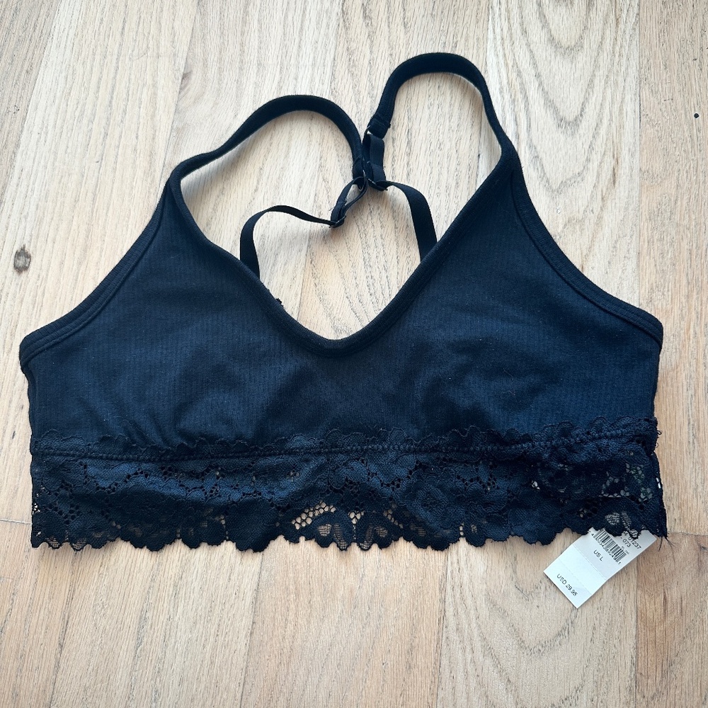 NWT AERIE RIBBED LACE SCOOP BRALETTE - Size L Black